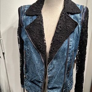 Paris Hues Denim Jacket with Black Lace and Gold Zipper Details
